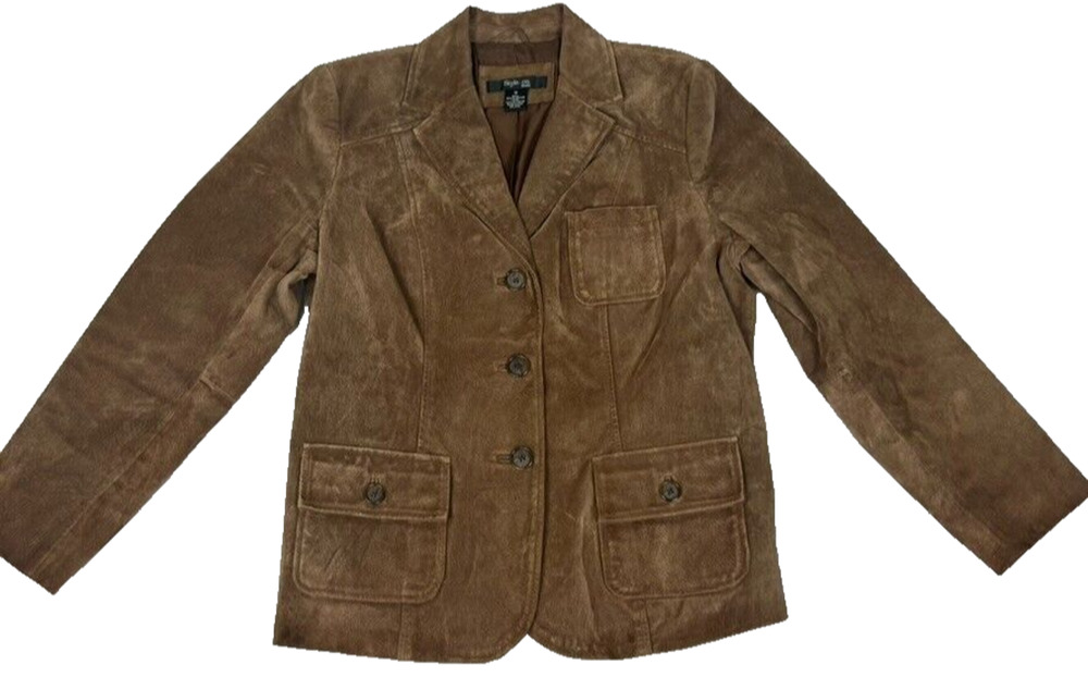 Style & Co Jacket Womens Medium Brown Petite Suede Leather Western Cowgirl Rodeo